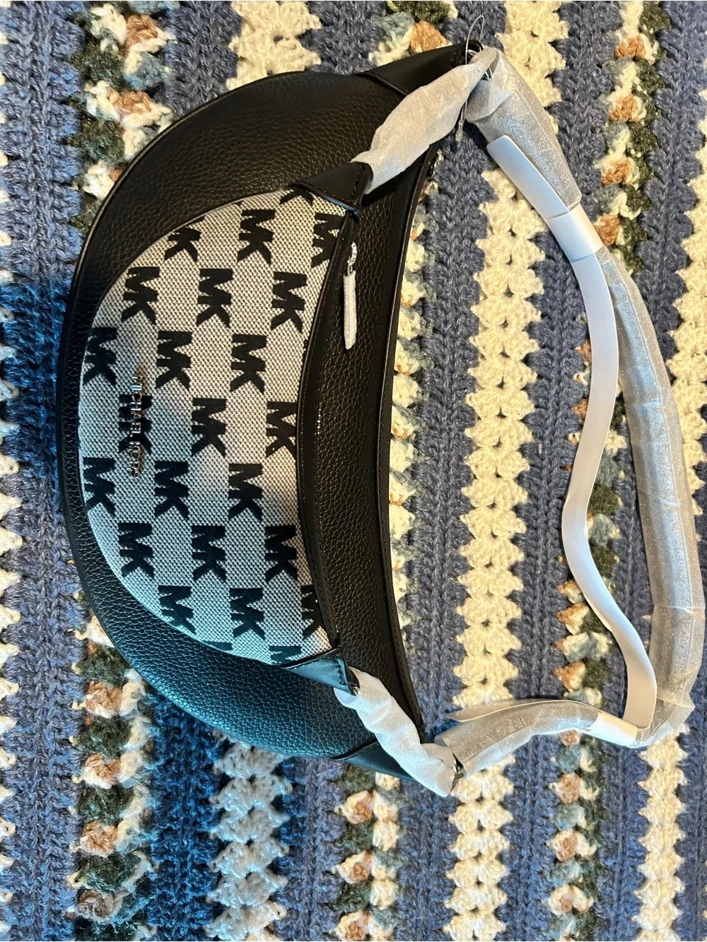 Michael Kors Black and White MK Monogram Crescent Shoulder Bag